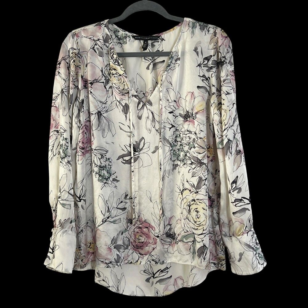 White House Black Market 100% Silk Floral V-Neck Tie Blouse Ivory Pink Size M